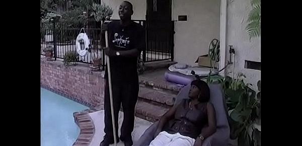  Black on black action with  busty ebony and black stud fucking outdoors by the pool